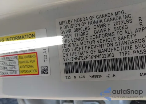 2022 Honda Civic Sport z USA, uszkodzony, nr VIN 2HGFE2F5XNH532063